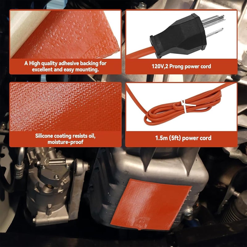 dcvbny Car Engine Silicone Heating Pad 120v,300w 6x8 Inch Universal Engine Heater Car Oil Pan Heater Pad, Electric Heater Pad Engine Block Oil Pan Tank Reservoir Container, for Metal Surface (2 Pcs Orange) - Image 3